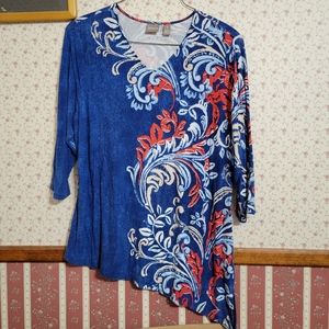 Chicos Red Blue Paisley Asymmetrical Hem V-Neck Tunic Size 3 XL EUC
